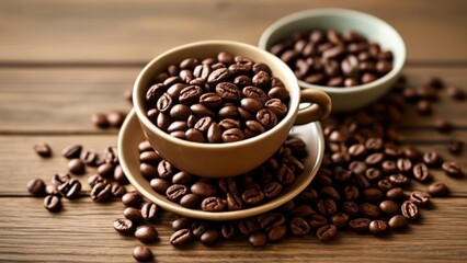 Naklejka premium Warmth in a cup coffee beans spill out