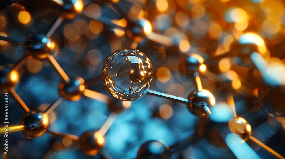 Poster 3d rendering of an abstract molecular structure illuminated by a golden light, showcasing the interc