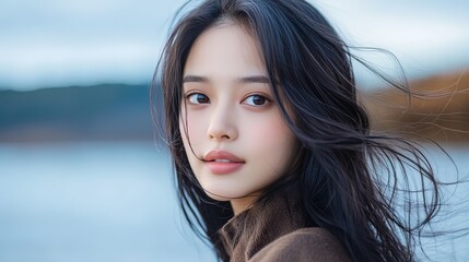 Fototapeta premium Serene Riverside Portrait of an Elegant Asian Woman with Flowing Hair