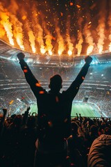 Vibrant crowd cheers as fireworks light up the night sky at a packed stadium during an Olympic sports event. People of all ages stand together, arms raised in excitement and joy.