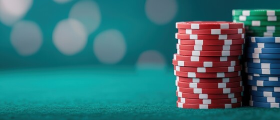 Colorful Poker Chips Stacked on a Green Background