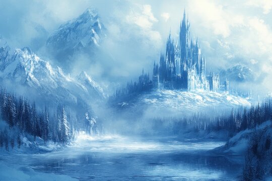 A castle is in the distance with a snowy mountain range in the background