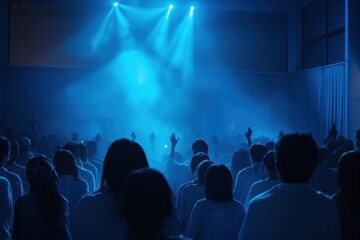 Group of people gathered in a hall with blue light effect. Worship, prayer, and faith in a modern indoor space. Bright blue glow illuminates the scene, highlighting the faces of believers.