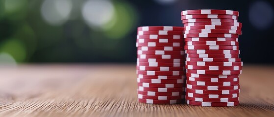 Fototapeta premium Stacks of Red Poker Chips on Rustic Table Surface
