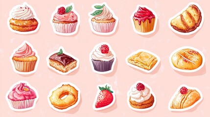 Sticker set of tiny bakery items including cupcakes pastries and other delectable confections