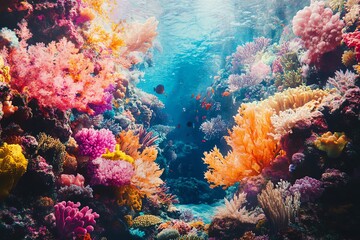 Fototapeta premium A vibrant coral reef teeming with marine life, its kaleidoscopic colors and intricate textures painting a vibrant underwater scene in 4K