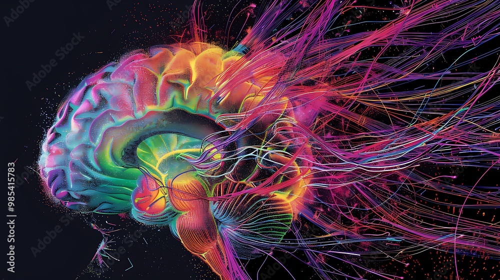 Poster digital art rendering of a human brain in vibrant colors with exploding lines representing the brain