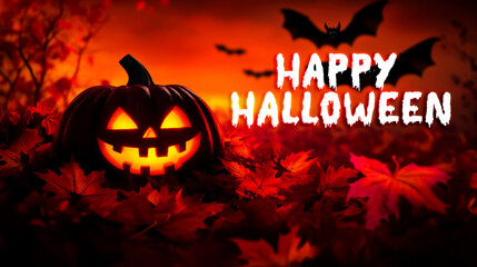 A glowing jack-o'-lantern amid autumn leaves, set against a vibrant orange background, with "Happy Halloween" text and bats flying above.