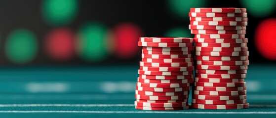 Fototapeta premium Stacked Red Poker Chips on a Casino Table