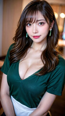 Fototapeta premium 深緑のトップスを着た女性のポートレート：シンプルでエレガントなスタイルが映える、優美な一瞬