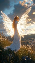 An angelic woman with glowing white wings, standing on a grassy hill with a peaceful expression on her face, rendered in 8K resolution