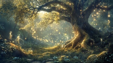 Fototapeta premium Ancient mystical tree in enchanting forest