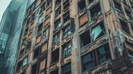 Crumbling corporate building with broken signs, Failure, company liquidation