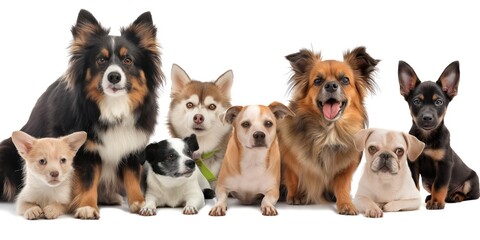 Group of adorable cute pets on white background. Various domestic animals including dogs, cats, hamsters, birds. Different breeds like bulldog, chihuahua, parrot, terrier. Happy, healthy pets.