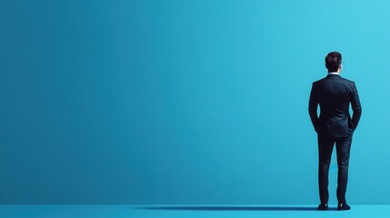 Fototapeta premium Businessman Standing in Front of Blue Wall