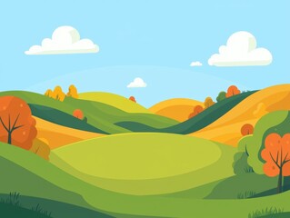 Vibrant Autumnal Landscape with Lush Rolling Hills  Verdant Meadows  and Scattered Trees Under a