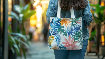 Line art of a personalized tote bag with watercolor botanical designs, perfect for daily use or gifting