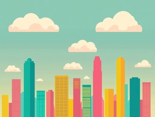 Obraz premium Vibrant Cityscape with Geometric Skyscrapers in Flat Design Style