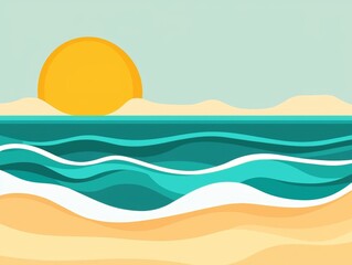 Vibrant Flat Design Beach Scene with Serene Ocean Waves and Sunset Sky