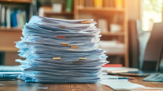 Teacher with a pile of ungraded papers and overdue reports, Teacher Duty, Educational Workload