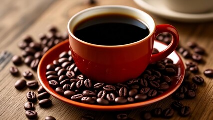 Fototapeta premium Aromatic coffee beans surround a steaming cup of black coffee