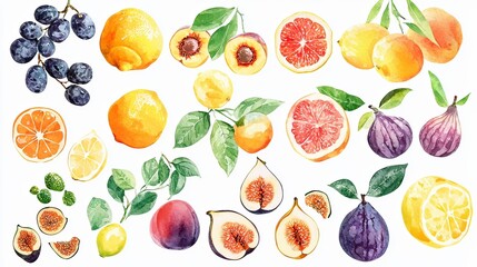 Obraz premium Watercolor of Assorted Vibrant Fresh Fruits and Leaves
