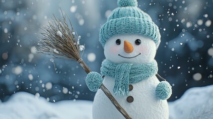 Whimsical Snowman in a Winter Wonderland Scene with Falling Snow