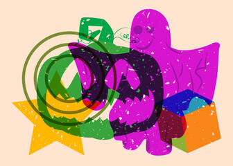 Risograph Halloween pumpkin and ghost with geometric shapes. Objects in trendy riso graph print texture style design with geometry elements.