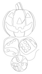 One continuous line of Halloween Jack O' Lantern pumpkin with dice. Thin Line Illustration vector concept. Contour Drawing Creative ideas.