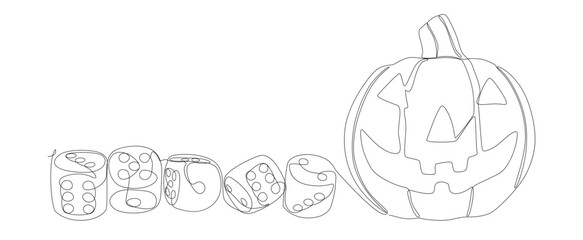 One continuous line of Halloween Jack O' Lantern pumpkin with dice. Thin Line Illustration vector concept. Contour Drawing Creative ideas.