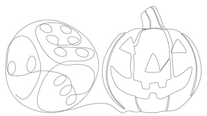 One continuous line of Halloween Jack O' Lantern pumpkin with dice. Thin Line Illustration vector concept. Contour Drawing Creative ideas.