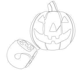 One continuous line of Halloween Jack O' Lantern pumpkin with dice. Thin Line Illustration vector concept. Contour Drawing Creative ideas.