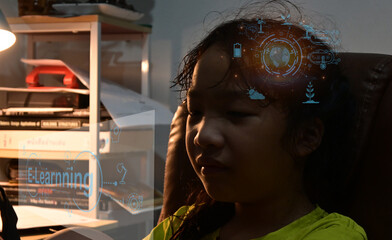 Online education concept, girl learning with through virtual touch screen and education icon background,E learning