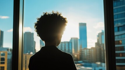 A silhouette of a child gazes at a city skyline, bathed in the warm glow of the sun setting behind tall buildings.
