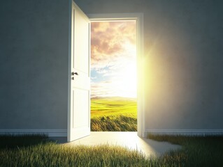 An open door reveals a bright landscape, symbolizing new opportunities and adventures beyond a simple threshold.