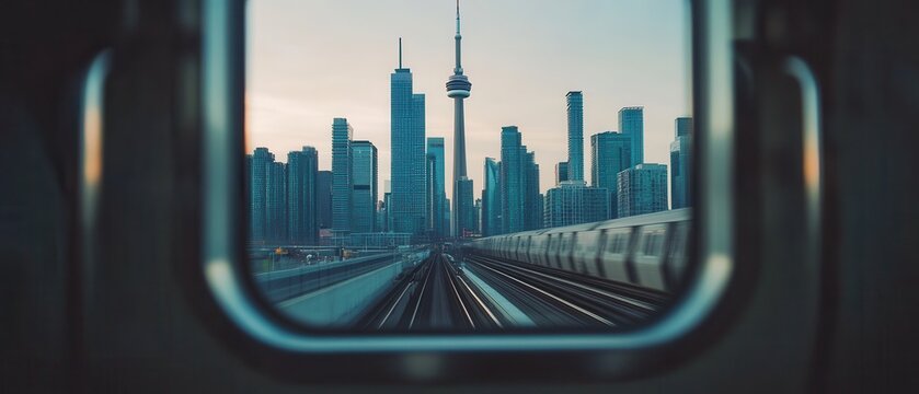 The image showcases a view of Toronto's skyline, featuring iconic towers, framed by a train window, with tracks leading away into the city.