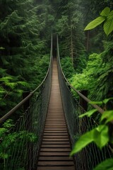 Suspension bridge spans across dense forest in British Columbia Vancouver Island. Lush green trees surround the bridge with misty atmosphere. Moody and dramatic scenery.