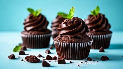  Chocolate cupcakes with mint leaves and chocolate shavings