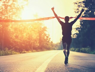 A runner triumphantly crosses the finish line, arms raised in victory, with a sunset backdrop on a peaceful road.