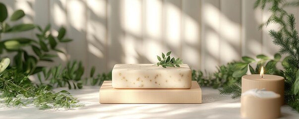 A serene setting featuring a natural soap bar, soft lighting, and green foliage, creating a calming atmosphere for relaxation.