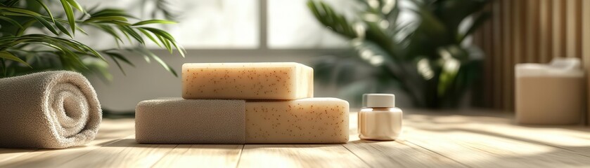 A serene spa scene featuring natural soap bars and towels, perfect for relaxation and wellness themes.