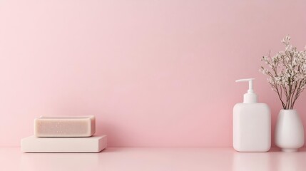 A serene still life featuring a soap bar, cream dispenser, and delicate flowers against a soft pink background.