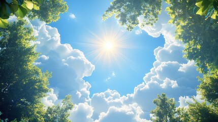 A serene view of a bright sun shining amidst fluffy clouds, framed by lush green foliage, perfect for nature-themed projects.