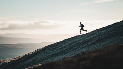 Obraz premium A silhouette of a runner sprinting uphill, set against a backdrop of soft clouds and distant hills during twilight.