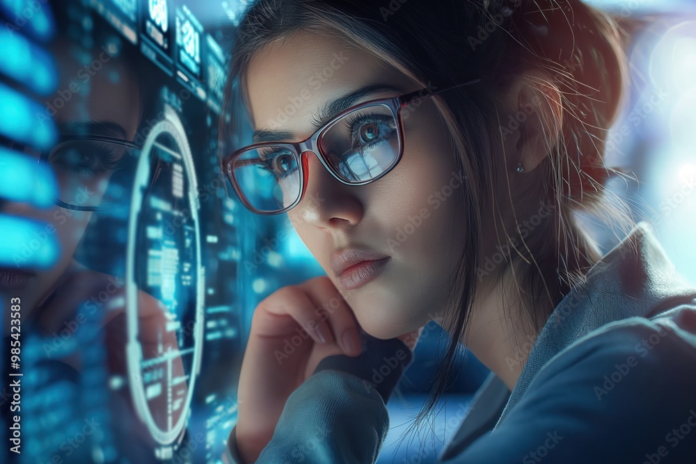 Poster young woman in modern office with futuristic computer displaying holographic interface. she wears gl