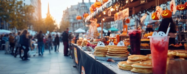 A vibrant food stall at a Halloween fair selling ghost-shaped pancakes with bat syrup and bloody raspberry drinks