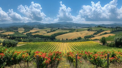 Fototapeta premium Panoramic view of rolling hills in Tuscany with vineyards and olive groves stretching out under a bright sunny sky