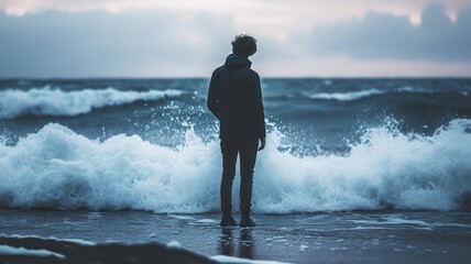 A lone figure stands by the turbulent sea, waves crashing at their feet, evoking a sense of introspection and connection with nature.