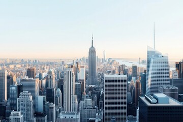 A stunning aerial view of a vibrant city skyline at sunset, highlighting iconic skyscrapers and urban architecture.