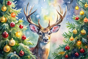 deer in the forest Watercolor painting